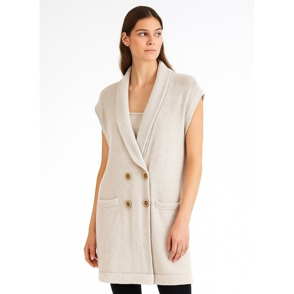 Brunello Cucinelli Cashmere Sleeveless Shawl Cardigan Speckled Knit Vest Double - Picture 2 of 16